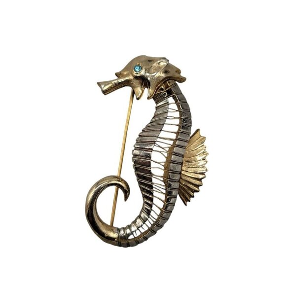 Seahorse Brooch Silver & Gold Tone Blue Rhinestone Eye Vintage Nautical Piece - Picture 7 of 8